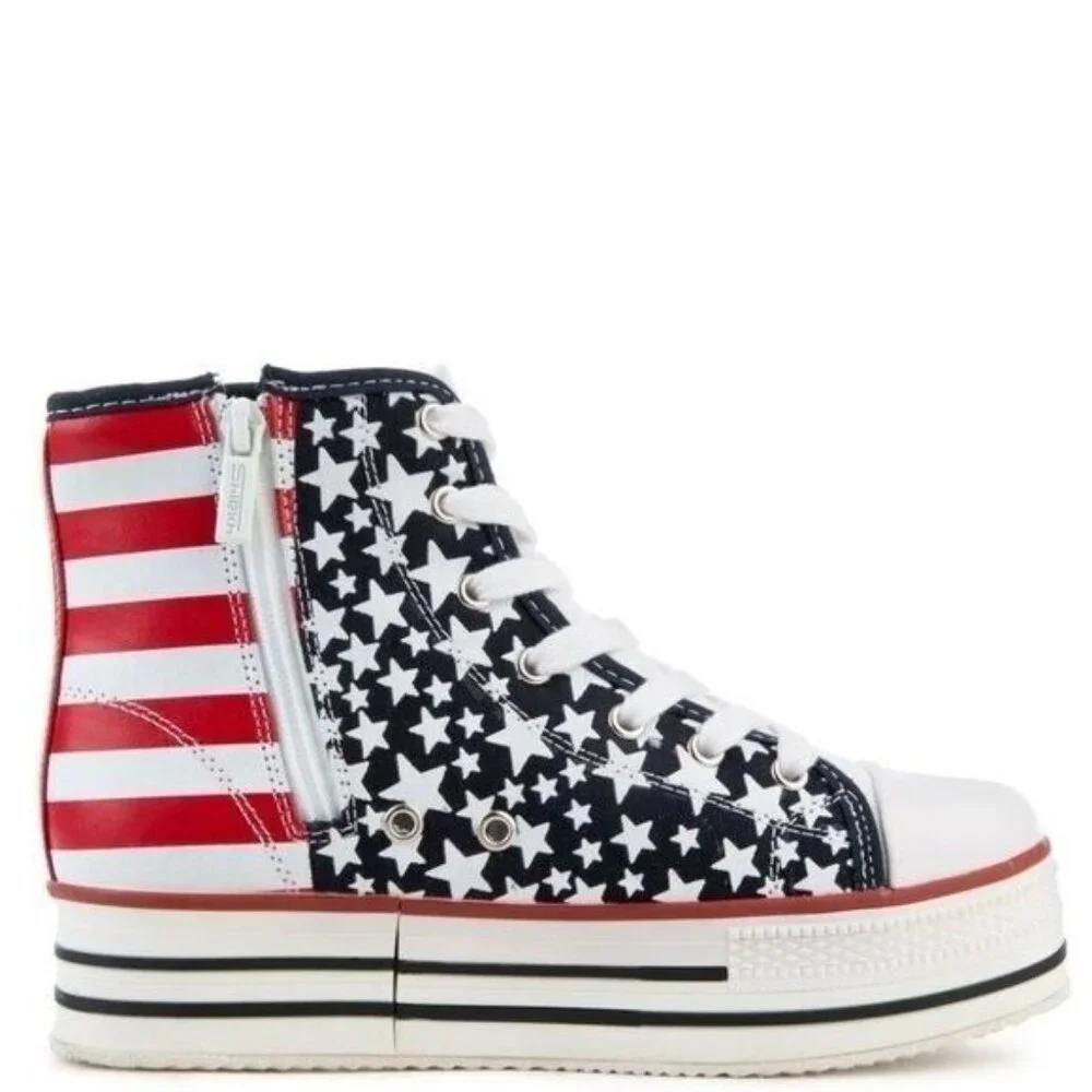 NEW Platform Red White Blue Stars Flag Hi Top Sneakers Women's SIZE 6.5 - Picture 3 of 7